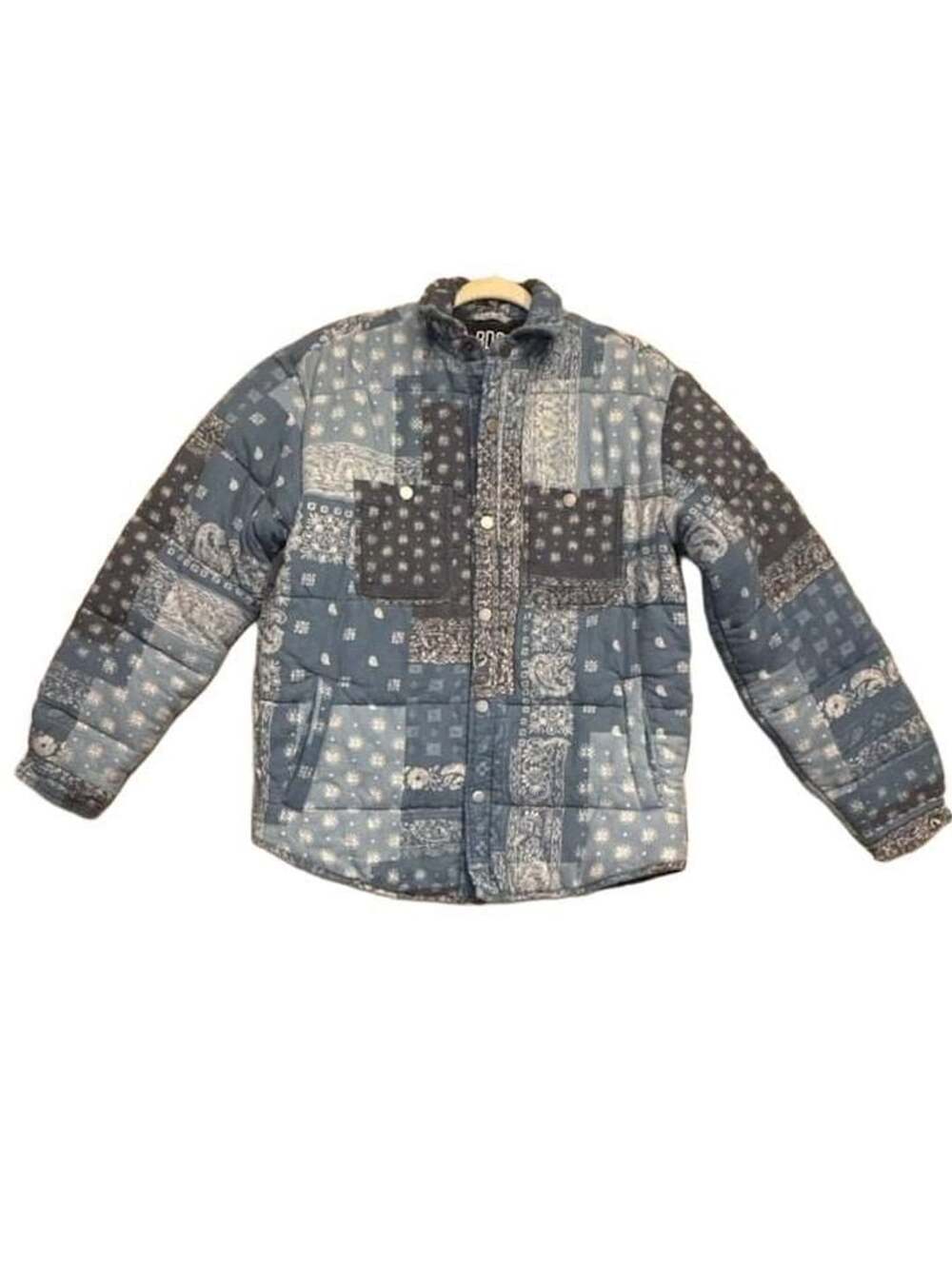 Bdg Quilted Y2K Guys Bandana Shirt Puffer Jacket Blue Patchwork